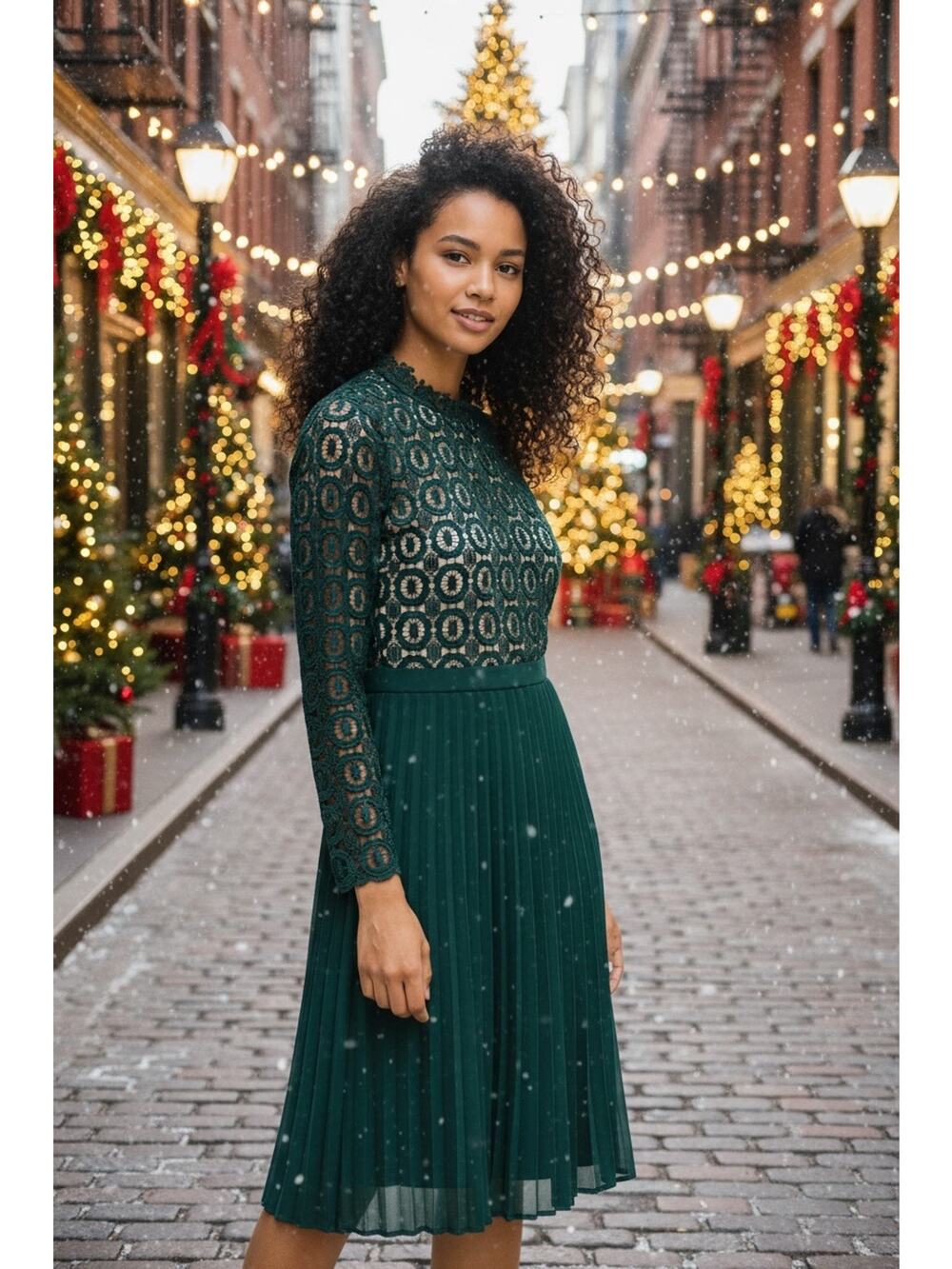 Ivy City Co Green Lace Pleated Midi Dress Size Small